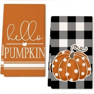 Fall Farmhouse Kitchen Towels Buffalo Plaid Polka Dot Pumpkin Theme, Set of 2